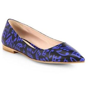 Min Miu Blue Music Noteprint Leather Ballet Flats